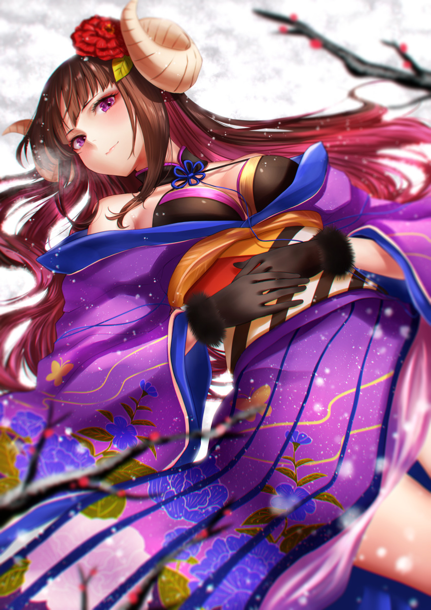 1girl azur_lane bare_shoulders black_gloves blush breasts brown_hair closed_mouth colored_inner_hair cramcell curled_horns fake_horns flower gloves hair_flower hair_ornament highres horns japanese_clothes kimono large_breasts long_hair looking_at_viewer lying multicolored_hair official_alternate_costume on_back pink_hair purple_eyes purple_kimono red_eyeliner red_flower snow solo suruga_(azur_lane) suruga_(hundred_flower's_auspice)_(azur_lane) tanuki