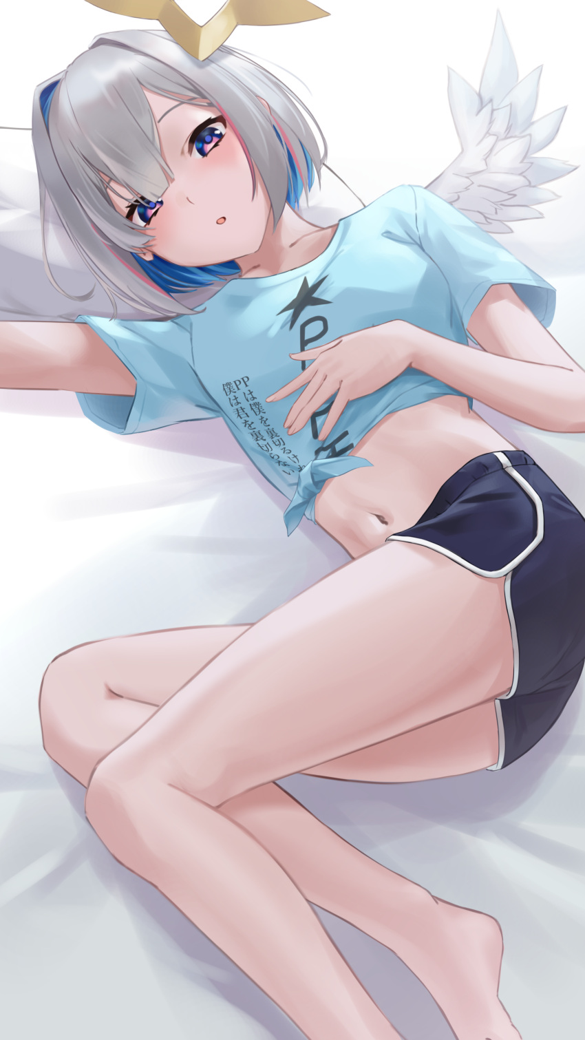 1girl absurdres amane_kanata barefoot blue_hair blue_shirt blue_shorts breasts colored_inner_hair commentary_request dolphin_shorts feathered_wings grey_hair halo highres hololive looking_at_viewer lying medium_breasts mini_wings multicolored_hair navel on_side open_mouth print_shirt purple_eyes shirt short_hair short_sleeves shorts single_hair_intake smallpine_7 solo star_halo streaked_hair text_print thighs tied_shirt virtual_youtuber white_wings wings