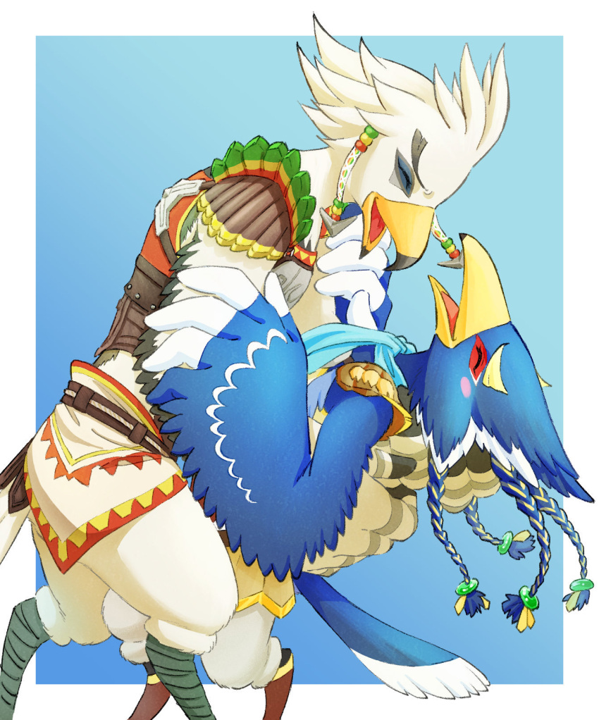 anthro avian beak blue_body blue_feathers braided_hair breath_of_the_wild dancing dipping duo eyes_closed feathers hair hair_tassels happy hi_res male male/male nintendo revali rito smile teba_(tloz) the_legend_of_zelda tyan_iruka white_body white_feathers