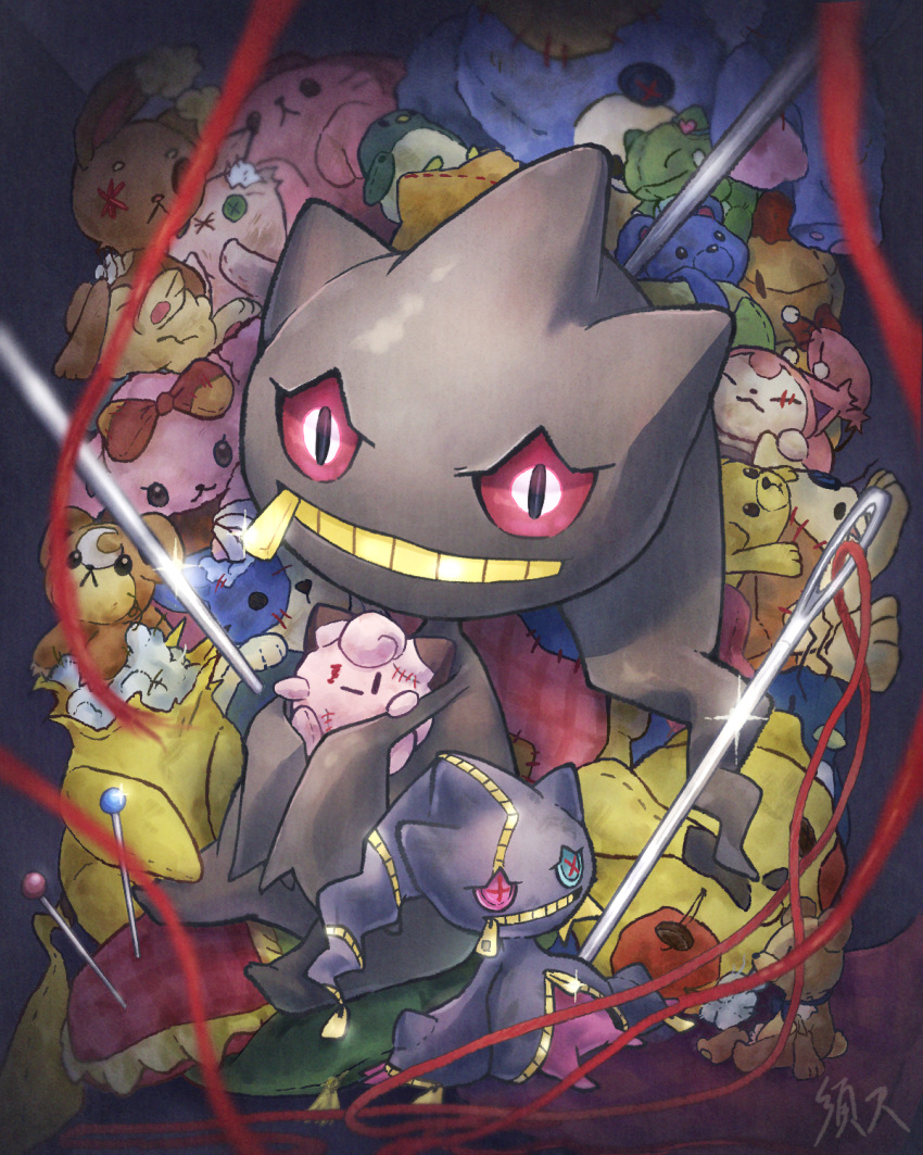 banette button_eyes clefairy ghost haru1suama highres lopunny mega_banette mega_pokemon needle pikachu pink_eyes pokemon pokemon_(creature) red_yarn sewing_needle sewing_pin skitty stuffed_animal stuffed_toy substitute_(pokemon) teddiursa yarn zipper_pull_tab