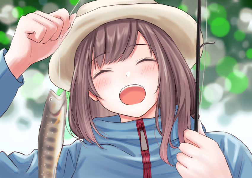 1girl :d absurdres blue_jacket blurry blurry_background blush brown_hair day facing_viewer fish fishing_rod hat highres idolmaster idolmaster_shiny_colors jacket long_sleeves outdoors smile solo tsukioka_kogane tukumo_insider upper_body zipper