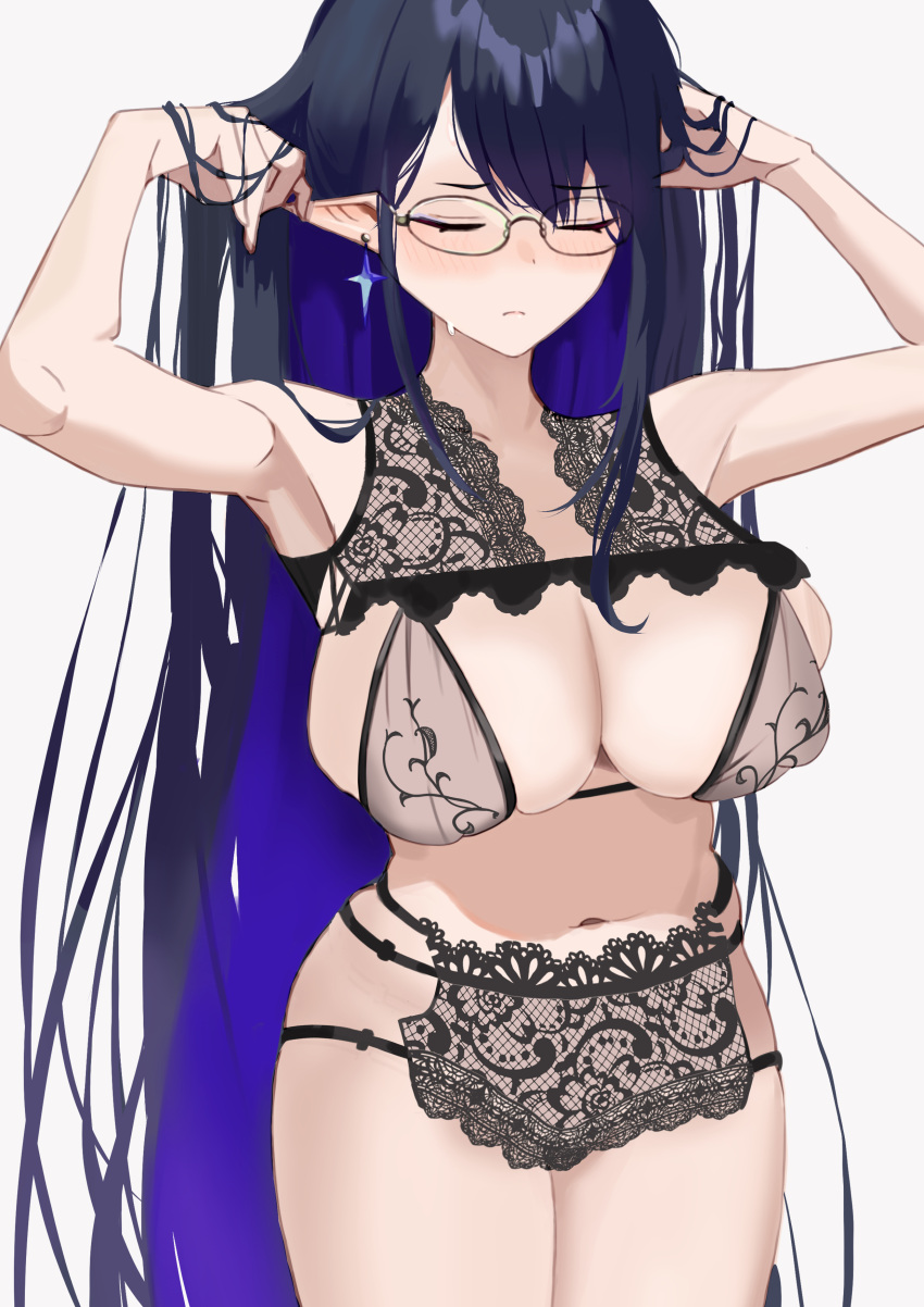 1girl absurdres black_bra black_hair black_panties blue_archive blush bra breasts chikoku cleavage closed_mouth colored_inner_hair earrings glasses grey_background hands_in_hair highres jewelry lace_trim large_breasts lingerie long_hair multicolored_hair panties pointy_ears purple_hair rin_(blue_archive) simple_background solo sweat underwear very_long_hair white_background