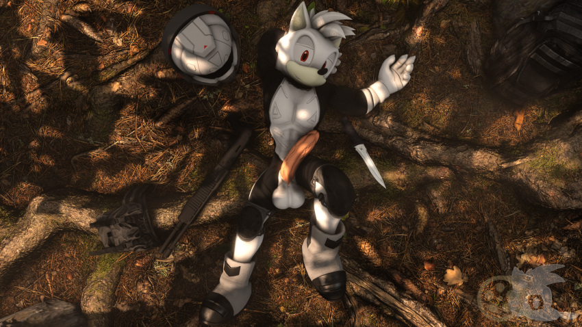 16:9 3d_(artwork) adam_(juicyducksfm) anthro armor backpack balls bodysuit canid canine canis clothed clothing digital_media_(artwork) fan_character footwear forest fur genitals gloves gun handwear headgear helmet hi_res juicyducksfm knife laying_on_ground looking_at_viewer lying male mammal partially_clothed penis plant ranged_weapon red_eyes sega shoes shotgun skinsuit solo sonic_the_hedgehog_(series) source_filmmaker tight_clothing tree weapon white_body white_fur widescreen wolf