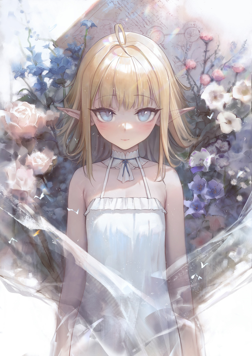 1girl absurdres ahoge bare_shoulders bingwei_huang blonde_hair blue_eyes blush closed_mouth collarbone dress elf flower highres looking_at_viewer medium_hair original pointy_ears sleeveless sleeveless_dress smile strap white_dress