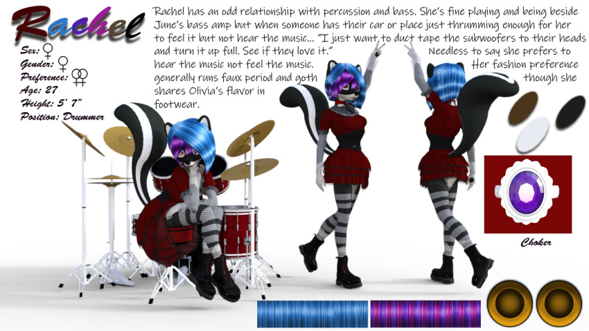 anthro anthro_(artist) boots clothing drum drum_set female footwear goth highlights_(coloring) legwear mammal mephitid model_sheet musical_instrument musician percussion_instrument punk rachel_(disambiguation) skunk solo stockings