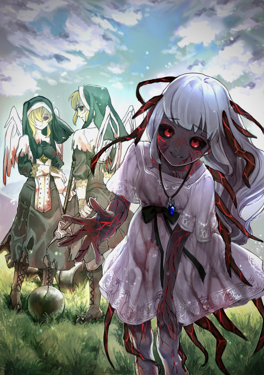 3girls absurdres asuran_1-sei ball_and_chain_(weapon) black_dress black_ribbon black_sclera blonde_hair blood blood_on_clothes bloody_wings cloud colored_sclera colored_skin commentary_request corruption dress ender_lilies_quietus_of_the_knights gloves grass grey_hair grey_skin guardian_siegrid guardian_silva habit highres jewelry leaning_forward lily_(ender_lilies) long_hair looking_at_viewer multiple_girls necklace outdoors parted_lips pendant reaching reaching_towards_viewer red_eyes ribbon short_sleeves skeletal_wings sky smile tendril veins white_dress white_wings wings