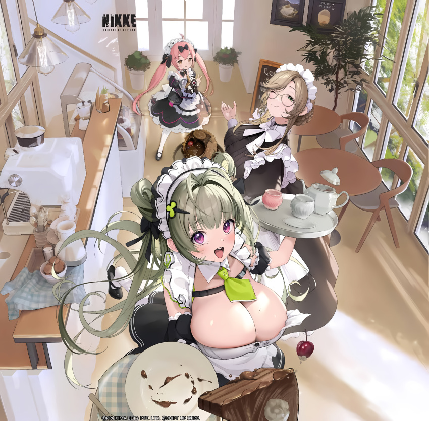 3girls ade_(nikke) ahoge apron black_dress black_footwear black_shirt black_skirt blonde_hair bow braid breasts cake chocolate chocolate_cake cleavage cocoa_(nikke) collar copyright_name cup doll door dress dropping food glasses goddess_of_victory:_nikke green_eyes green_hair hair_ornament heart highres holding holding_tray huge_breasts large_breasts long_hair long_sleeves maid maid_apron maid_headdress medium_hair multiple_girls necktie official_art one_eye_closed orange_eyes petite picture_frame pink_hair plant plate purple_eyes round_table second-party_source shirt sidelocks skirt small_breasts smile soda_(nikke) stairs strap table teapot teeth tray twintails v white_apron