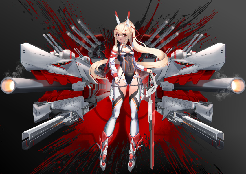1girl absurdres artillery artknight ayanami_(azur_lane) azur_lane bare_shoulders black_leotard blonde_hair breasts cleavage_cutout clothing_cutout covered_navel detached_sleeves grey_background hair_between_eyes headgear highres holding holding_sword holding_weapon leotard long_hair looking_at_viewer mecha_musume ponytail red_eyes rigging science_fiction simple_background small_breasts sword very_long_hair weapon