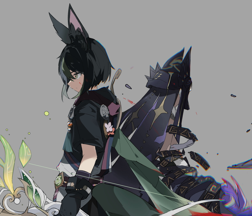 2boys animal_ear_fluff animal_ears arabian_clothes black_gloves black_hair black_headwear black_hoodie bow_(weapon) claw_(weapon) cyno_(genshin_impact) facing_away genshin_impact gloves green_eyes grey_background highres holding holding_bow_(weapon) holding_weapon hood hoodie jackal_ears long_wind male_focus multiple_boys serious short_hair simple_background tassel tighnari_(genshin_impact) vision_(genshin_impact) weapon white_hair