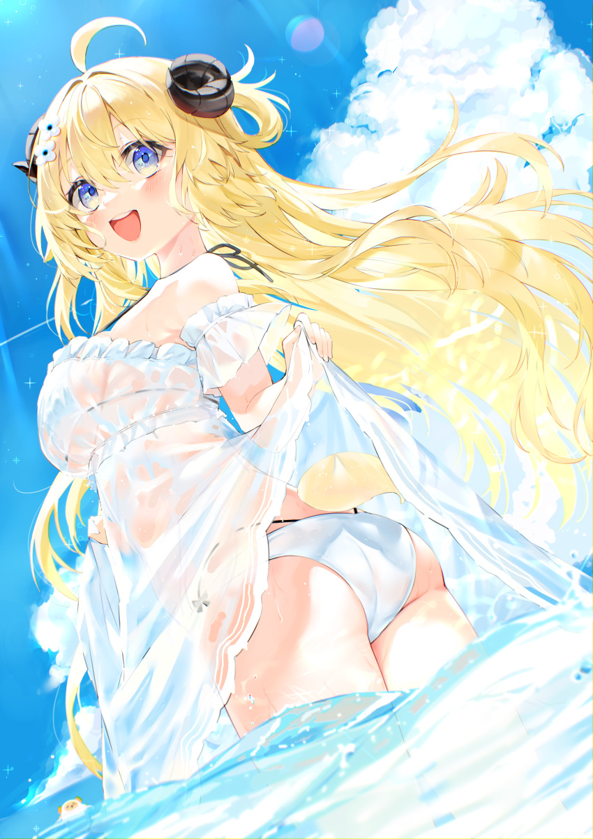 1girl absurdres ass bare_shoulders bikini blonde_hair blue_eyes blue_sky blush breasts curled_horns highres hololive horns kou_mashiro large_breasts long_hair looking_at_viewer ocean open_mouth sheep_girl sheep_horns sky smile solo swimsuit thighs tsunomaki_watame virtual_youtuber wading white_bikini