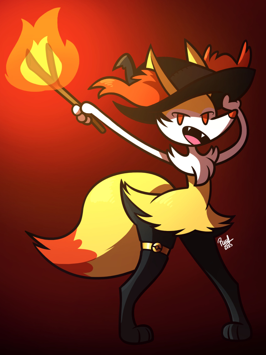 ambiguous_gender anthro black_body black_fur braixen cheek_tuft chest_tuft clothing digitigrade dipstick_tail facial_tuft fangs fire fur furgonomics generation_6_pokemon hat headgear headwear hi_res hip_tuft holding_clothing holding_hat holding_headgear holding_headwear holding_object holding_stick inner_ear_fluff markings narrowed_eyes nintendo open_mouth orange_eyes pokemon pokemon_(species) rafvicalv shoulder_tuft simple_background solo standing stick tail tail_markings teeth tongue tuft witch_hat yellow_body yellow_fur