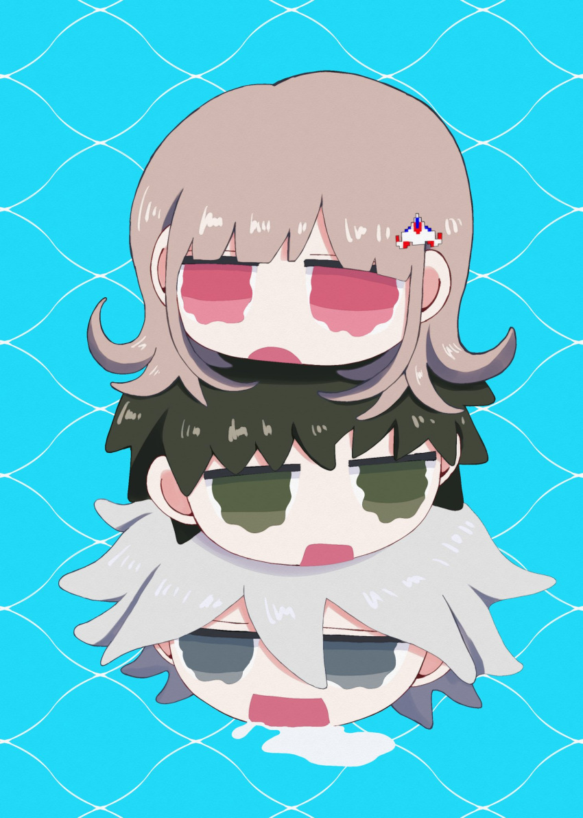 1girl 2boys :o brown_eyes brown_hair d: danganronpa_(series) danganronpa_2:_goodbye_despair drooling famima_de_neppuri flipped_hair galaga green_background grey_eyes grey_hair hair_ornament head_on_head head_rest highres hinata_hajime komaeda_nagito light_brown_hair looking_at_viewer medium_hair multiple_boys nanami_chiaki open_mouth pink_eyes saliva short_hair