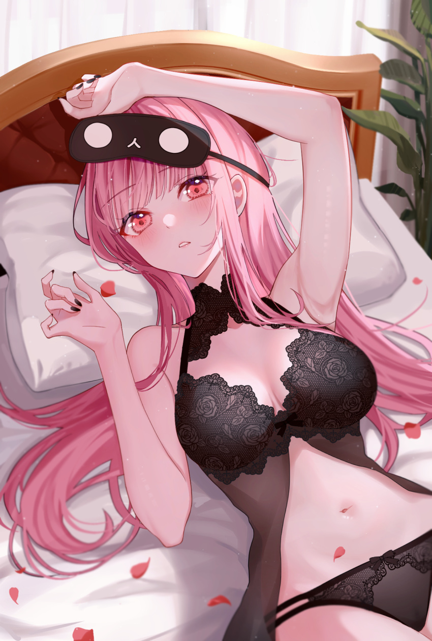1girl arm_over_head bed black_bow black_mask black_nails black_nightgown black_panties blunt_bangs blush bow bow_panties breasts collarbone commentary curtains fingernails floral_print highres hololive hololive_english lace lace-trimmed_nightgown lace_panties lace_trim large_breasts lingerie long_hair looking_at_viewer lying mask mask_on_head mori_calliope mori_calliope_(6th_costume) nail_polish navel nightgown on_back panties petals pillow pink_eyes pink_hair plant revision shirase_rin sleep_mask solo stomach underwear virtual_youtuber
