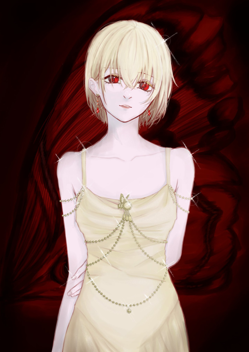 1other androgynous bare_shoulders blonde_hair bug butterfly collarbone cowboy_shot crystal_earrings dress earrings formal highres hunter_x_hunter jewelry kurapika looking_at_viewer red_eyes short_hair sleeveless solo straight-on un_nnnnoir yellow_dress