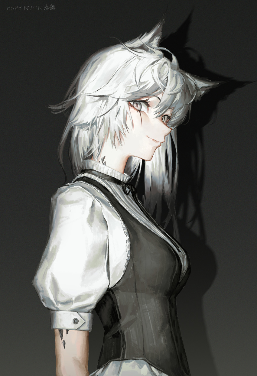 1girl absurdres alternate_costume animal_ears arknights bow enmaided grey_eyes highres lappland_(arknights) lingear looking_at_viewer looking_to_the_side maid pale_skin profile puffy_sleeves shadow signature simple_background smile solo white_hair wolf_ears