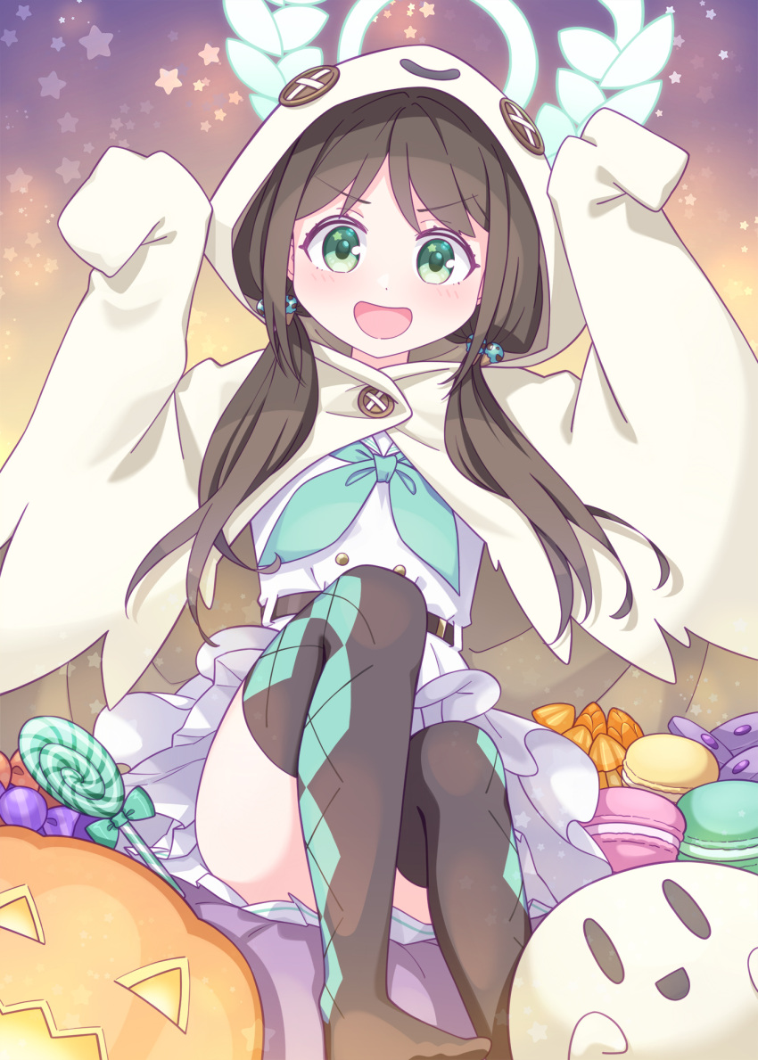 1girl :d airi_(blue_archive) argyle argyle_legwear arms_up black_thighhighs blue_archive blush brown_hair button_eyes candy candy_wrapper commentary_request convenient_leg dress food food-themed_hair_ornament ghost ghost_costume green_eyes hair_ornament hair_over_shoulder halo harada_(sansei_rain) highres hood hood_up ice_cream_hair_ornament jack-o'-lantern lollipop long_hair low_twintails macaron no_shoes pleated_dress smile solo swirl_lollipop thighhighs twintails v-shaped_eyebrows white_dress
