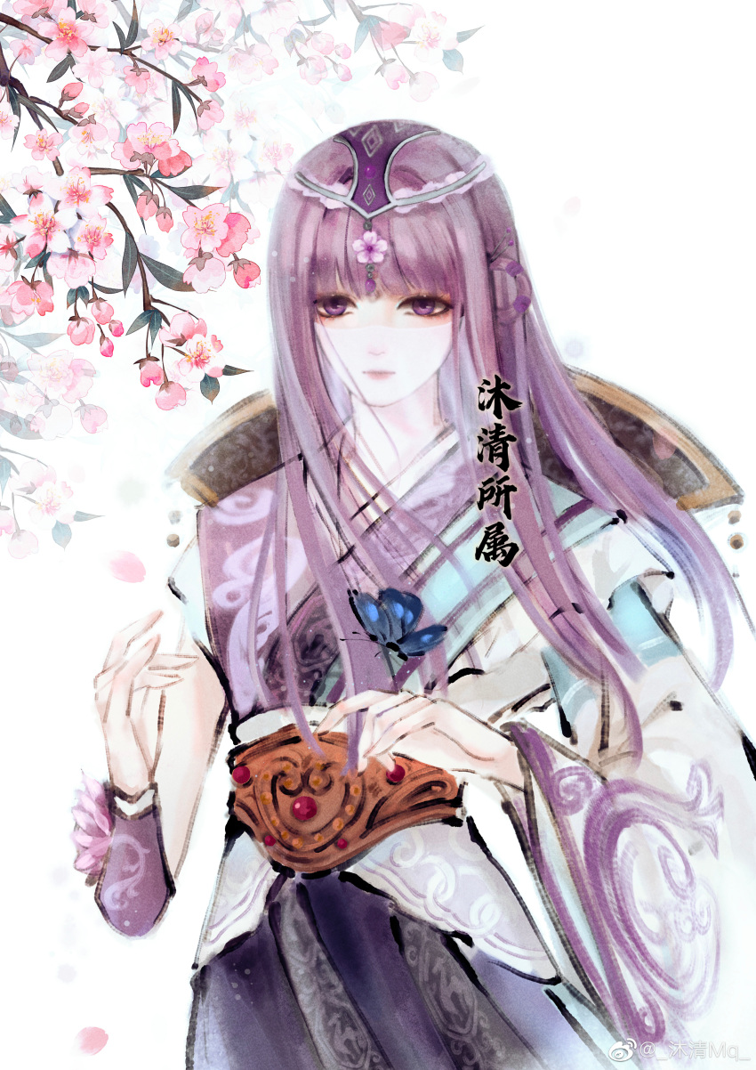1girl absurdres artist_request asymmetrical_sleeves branch bug butterfly closed_mouth expressionless falling_petals hair_ornament highres long_hair mouth_veil petals purple_eyes purple_hair qin_shi_ming_yue sash second-party_source shao_siming_(qin_shi_ming_yue) single_hair_ring solo upper_body veil white_background