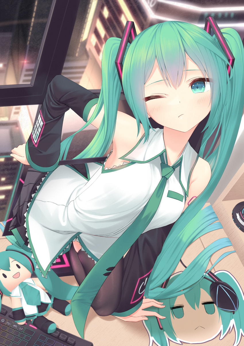 1girl absurdres aqua_eyes aqua_hair aqua_necktie bare_shoulders black_skirt black_sleeves blush breasts building chinese_commentary city closed_mouth commentary_request desk detached_sleeves dot_nose grey_shirt hair_ornament hatsune_miku highres indoors keyboard_(computer) long_hair looking_at_viewer mouse_(computer) mousepad_(object) necktie night number_tattoo on_desk one_eye_closed raimeso235 shirt shoulder_tattoo skirt sleeveless sleeveless_shirt small_breasts solo stuffed_toy tattoo thighhighs twintails variant_set very_long_hair vocaloid window