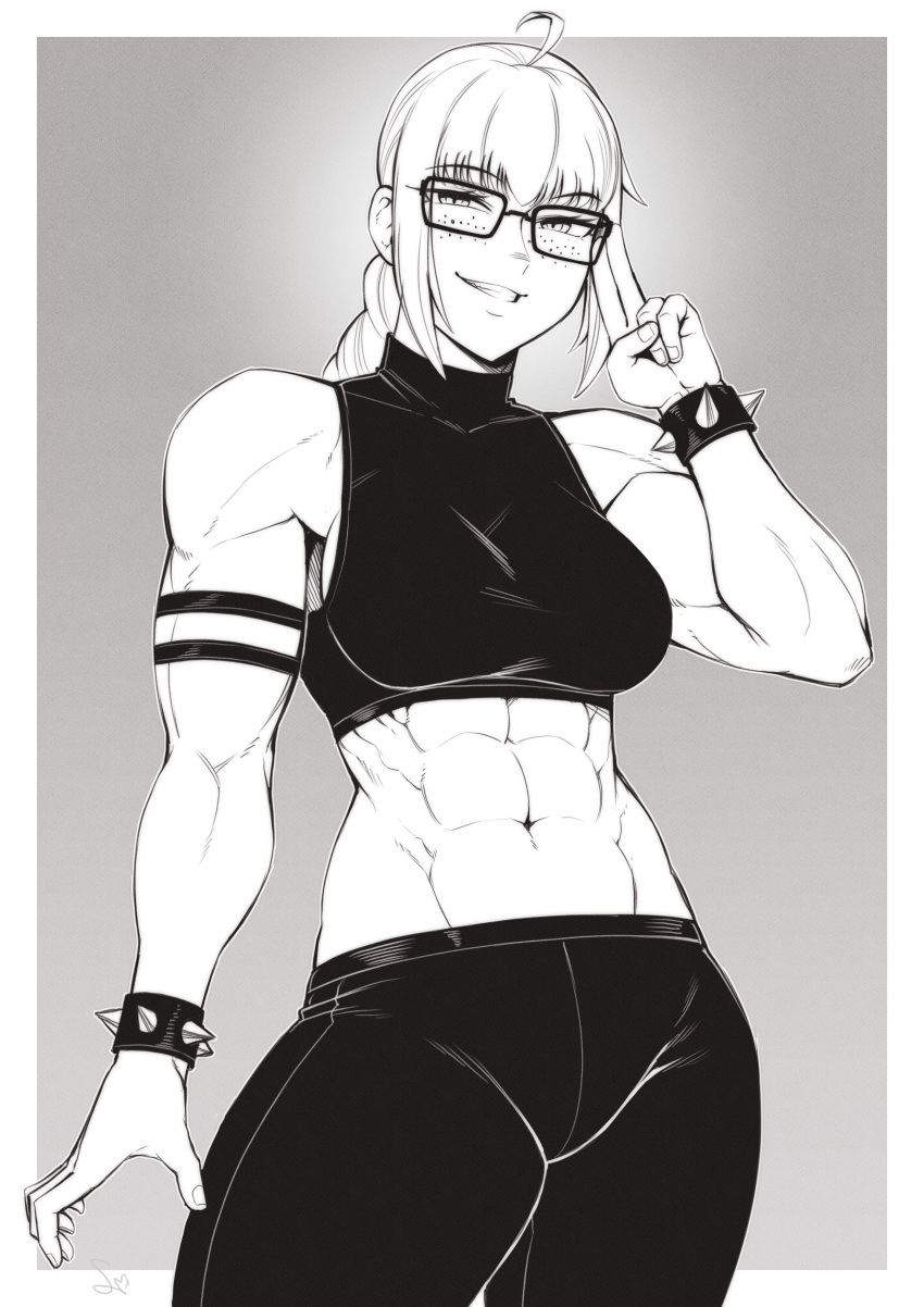1girl abs absurdres antenna_hair bracelet crop_top freckles glasses highres jewelry midriff muscular muscular_female navel original ponytail sleeveless smile solo speedl00ver spiked_bracelet spikes tank_top turtleneck