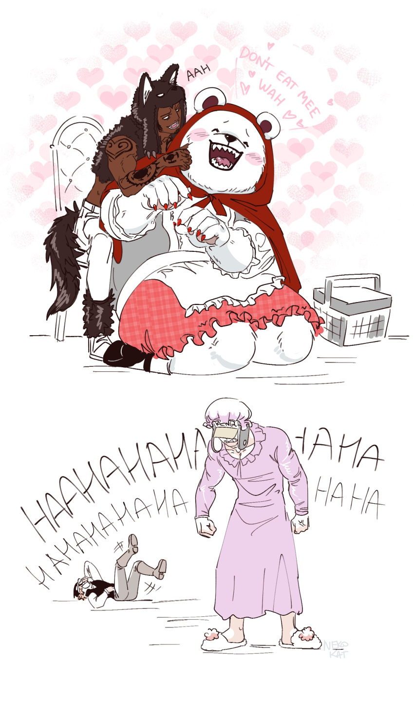 absurd_res anthro bear bepo_(one_piece) blush bottomwear clothed clothing crossdressing english_text fairy_tales flirting halloween hi_res holidays hood human human_on_anthro interspecies kneeling little_red_riding_hood_(copyright) male male/male mammal nekokat42 one_piece size_difference skirt text trafalgar_law wolf_costume