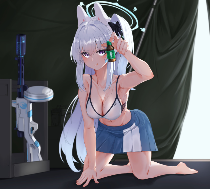 1girl animal_ears blue_archive blue_halo breasts cleavage clov3r fake_animal_ears grey_hair halo highres large_breasts long_hair miyako_(blue_archive) purple_eyes rabbit_ears solo