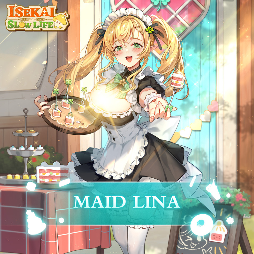 1girl apron arm_up artist_request black_dress blonde_hair blush bow breasts buttons cake cake_slice censored character_name clover clover_hair_ornament coin colored_text cuffs dress elf flower food four-leaf_clover frills green_bow green_eyes hair_ornament heart holding holding_plate isekai:_slow_life large_bow leaf light lisa_(isekai:_slow_life) logo maid maid_headdress medium_breasts mushroom nail_polish official_art one_eye_closed open_mouth outdoors pink_nails plate pointy_ears ponytail puffy_short_sleeves puffy_sleeves red_flower short_dress short_sleeves sign smile sparkle striped striped_bow teeth thighhighs tongue tongue_out twintails upper_teeth_only waist_apron white_apron white_bow white_thighhighs wrist_cuffs