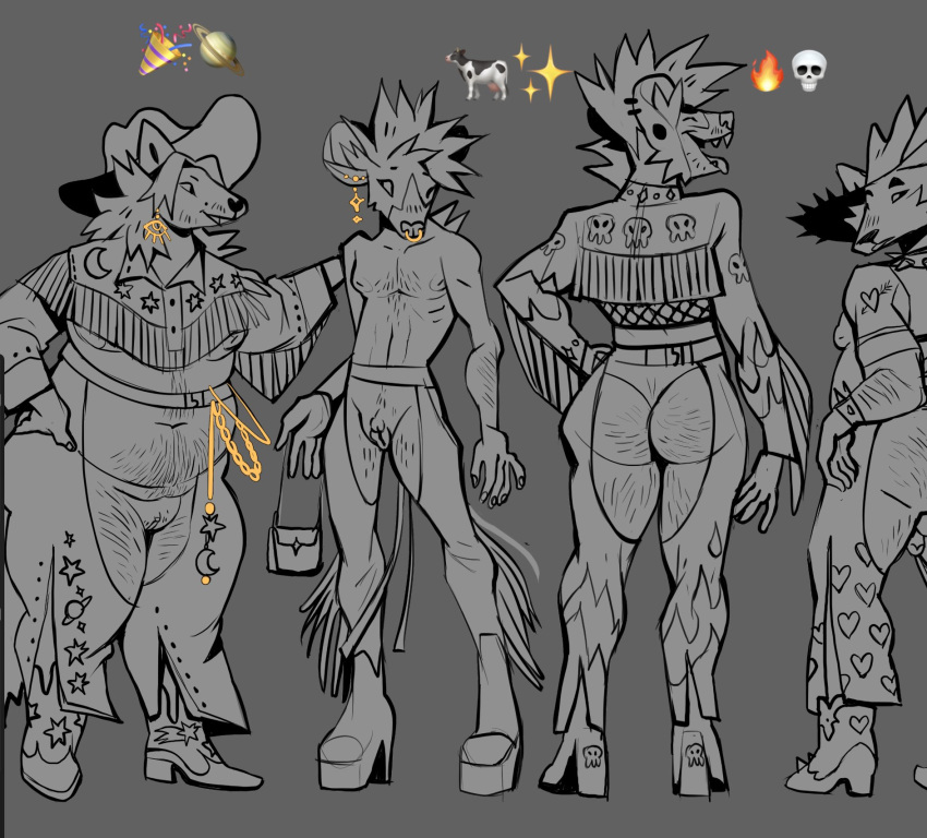 2023 andromorph anthro banan_zielony_(dudelinooo) belly_hair biped body_hair butt butt_hair canid canine chruscik_(dudelinooo) clothed clothing cowboy cowboy_outfit cukier_puder_(dudelinooo) digital_media_(artwork) ear_piercing ear_ring emoji facial_piercing footwear front_view fully_clothed genitals girly greyscale group hairy_belly hi_res high_heels humanoid_genitalia humanoid_hands humanoid_penis hyena intersex male mammal monochrome navel nose_piercing nose_ring nudelinooo open_mouth open_smile overweight overweight_andromorph overweight_anthro overweight_intersex partially_clothed penis piercing purse rear_view ring_piercing shoes smile spotted_hyena standing trans_(lore) trans_man_(lore) underwear