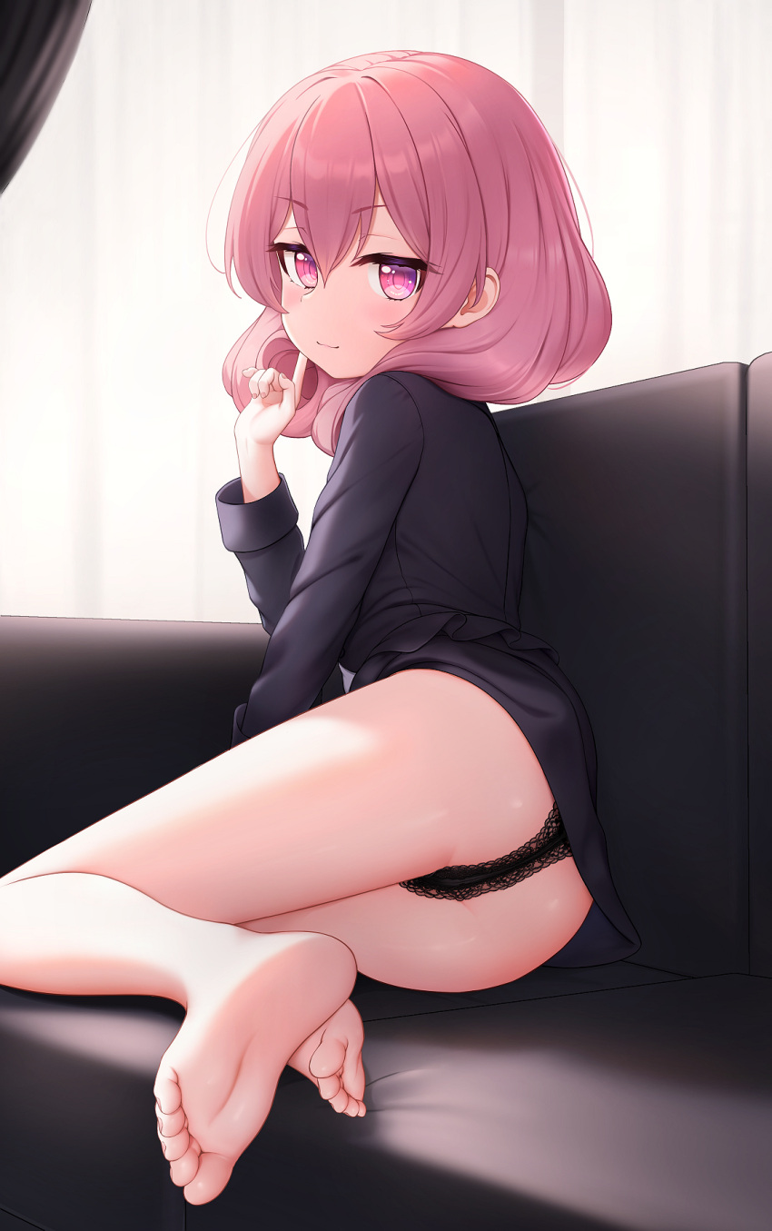 1girl bare_legs barefoot black_jacket black_panties black_skirt cementite closed_mouth couch feet foot_focus foreshortening highres indoors jacket lace lace_panties long_hair long_sleeves looking_at_viewer miniskirt neneka_(princess_connect!) neneka_(real)_(princess_connect!) on_couch panties pink_eyes pink_hair pointy_ears princess_connect! sitting skirt soles solo toes underwear yokozuwari