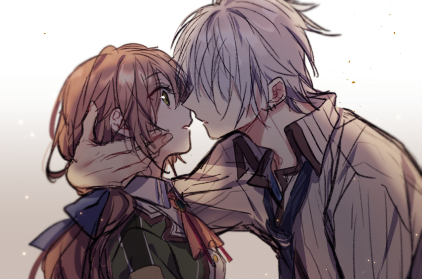 1boy 1girl ascot blue_necktie brown_hair collared_shirt crow_armbrust earrings eiyuu_densetsu green_jacket imminent_kiss jacket jewelry long_hair necktie sen_no_kiseki sen_no_kiseki_iv shirt simple_background sketch soap_(user_kghh4755) striped striped_shirt towa_herschel upper_body white_hair white_shirt