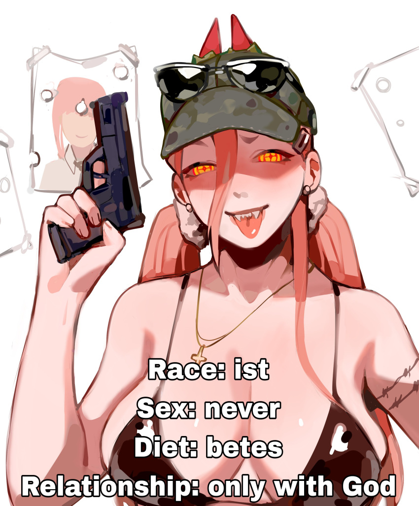 1girl absurdres alternate_breast_size alternate_hairstyle arm_tattoo bangs black_bra bra breasts bullet_hole camouflage camouflage_headwear chainsaw_man cross cross-shaped_pupils cross_necklace earrings eyewear_on_head gun hair_between_eyes handgun highres holding holding_gun holding_weapon horns horns_through_headwear impact_(font) jewelry large_breasts long_hair looking_at_viewer maggoo makima_(chainsaw_man) meme necklace pink_hair power_(chainsaw_man) red_horns sharp_teeth solo stud_earrings sunglasses symbol-shaped_pupils tattoo teeth tongue tongue_out twintails underwear weapon yellow_eyes