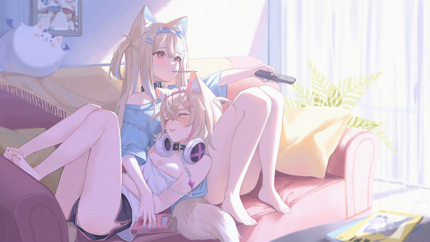2girls alternate_costume animal_ear_fluff animal_ears bandaid_hair_ornament barefoot black_collar blonde_hair closed_eyes collar controller couch dog_ears dog_girl dog_tail food fuwawa_abyssgard hair_ornament headband headphones headphones_around_neck highres hololive hololive_english loose_clothes loose_shirt midori_xu mococo_abyssgard multicolored_hair multiple_girls on_couch perroccino_(fuwamoco) pink_eyes pink_hair pink_headband pocky remote_control shirt short_shorts shorts siblings sisters streaked_hair tail twins virtual_youtuber x_hair_ornament
