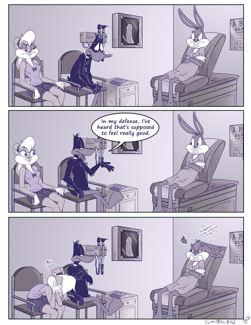 absurd_res anatid anseriform avian bird bugs_bunny comic daffy_duck dialogue duck female hi_res hospital hospital_gown humor kcnite lagomorph leporid lola_bunny looney_tunes male mammal monochrome rabbit warner_brothers