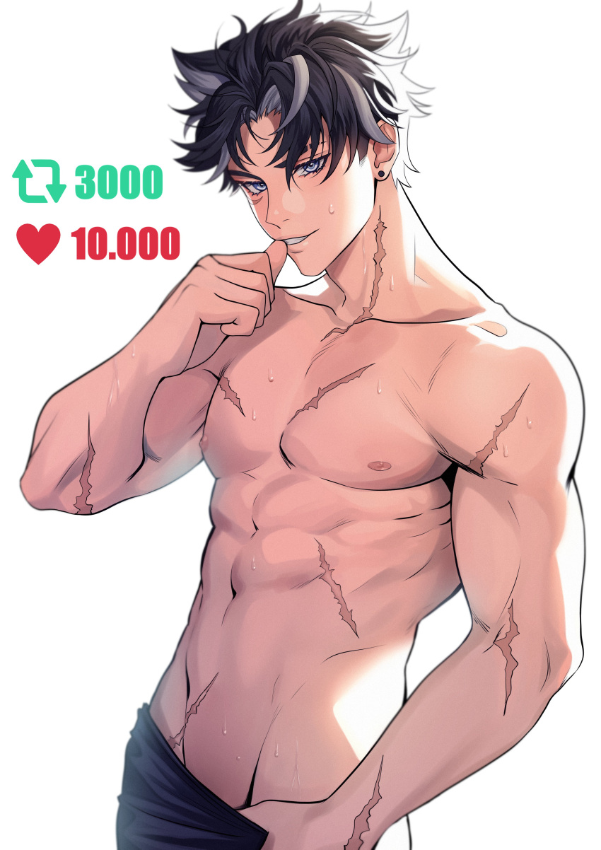 1boy abs absurdres bara black_hair black_pants blue_eyes clothes_pull commentary earrings english_commentary genshin_impact highres jewelry looking_at_viewer male_focus meme merururuu milestone_celebration multicolored_hair muscular muscular_male navel nipples pants pectorals scar scar_on_arm scar_on_chest scar_on_face seductive_smile short_hair simple_background smile solo stomach sweat topless_male twitter_strip_game_(meme) white_background wriothesley_(genshin_impact)