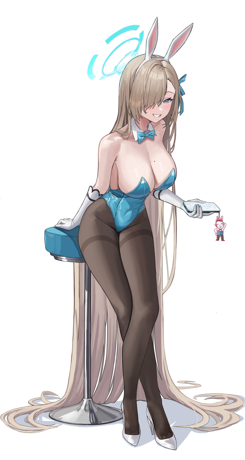 1girl absurdly_long_hair absurdres animal_ears arm_up asuna_(blue_archive) asuna_(bunny)_(blue_archive) asymmetrical_bangs bare_shoulders black_pantyhose blue_archive blue_bow blue_bowtie blue_eyes blue_leotard blue_ribbon bow bowtie breasts cleavage collar detached_collar fake_animal_ears full_body gloves grin hair_over_one_eye hair_ribbon halo high_heels highleg highleg_leotard highres large_breasts leotard letco2766 light_brown_hair long_hair looking_at_viewer mole mole_on_breast official_alternate_costume on_stool one_eye_covered pantyhose playboy_bunny rabbit_ears ribbon sideboob simple_background sitting smile solo stool strapless strapless_leotard very_long_hair white_background white_collar white_footwear white_gloves wing_collar