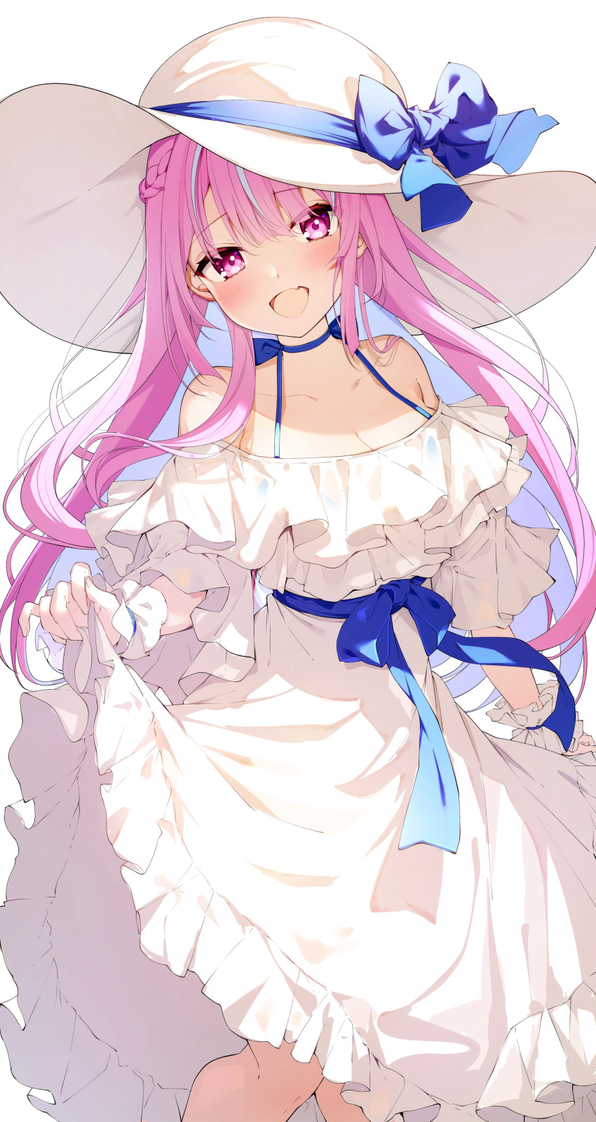 1girl :d absurdres bare_shoulders blue_hair blush bow colored_inner_hair darjeeling_(reley) dress frilled_dress frills halterneck hat hat_bow highres hololive long_hair minato_aqua multicolored_hair off-shoulder_dress off_shoulder pink_eyes pink_hair simple_background skirt_hold smile solo standing sun_hat very_long_hair virtual_youtuber white_background white_dress wrist_cuffs