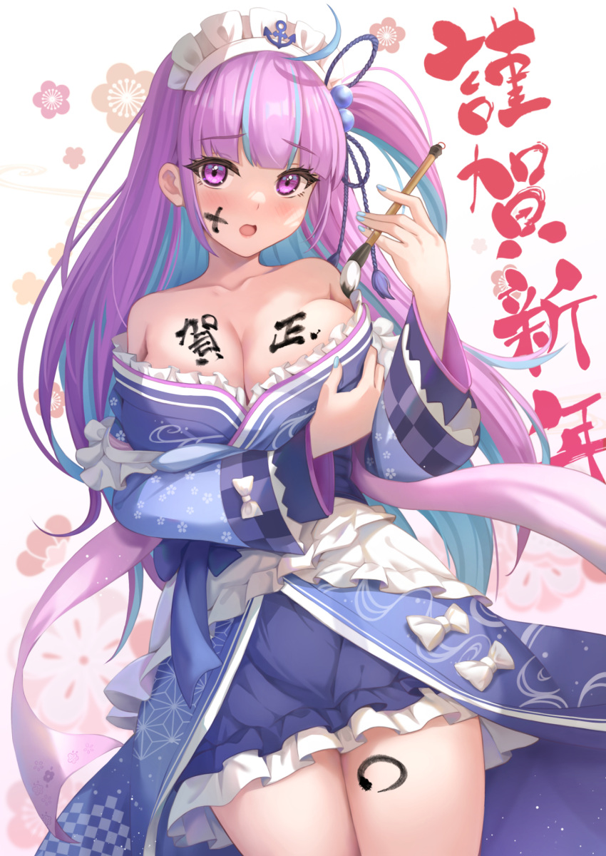 1girl :o ahoge anchor_symbol blue_hair blue_kimono blue_nails blush body_writing bodypaint breast_hold breasts calligraphy_brush cleavage collarbone commentary_request cowboy_shot facepaint floral_background frilled_kimono frills hair_ribbon highres holding holding_brush holding_paintbrush hololive japanese_clothes keikei_(kitty_colors) kimono kimono_pull large_breasts long_hair long_sleeves looking_at_viewer maid_headdress minato_aqua multicolored_hair nail_polish one_side_up open_mouth paintbrush purple_eyes purple_hair purple_ribbon ribbon solo translated two-tone_hair very_long_hair virtual_youtuber white_background