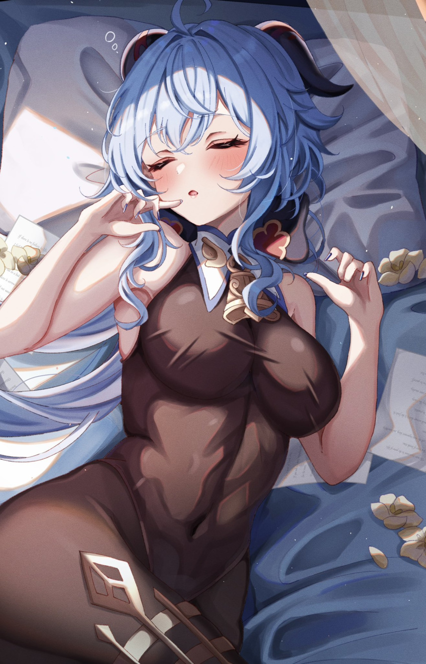 1girl :o ahoge armpits bare_arms bed bell black_leotard blue_hair blue_nails blush bodystocking breasts closed_eyes covered_navel flower ganyu_(genshin_impact) genshin_impact goat_horns gold_trim groin hair_between_eyes highres horns large_breasts leotard leotard_under_clothes long_hair looking_at_viewer lying messy_hair neck_bell no_gloves on_back open_mouth pantyhose paper pillow pink_hair qingxin_flower redrawn sa-ya2 sidelocks simple_background sleeping sleeveless tareme white_flower