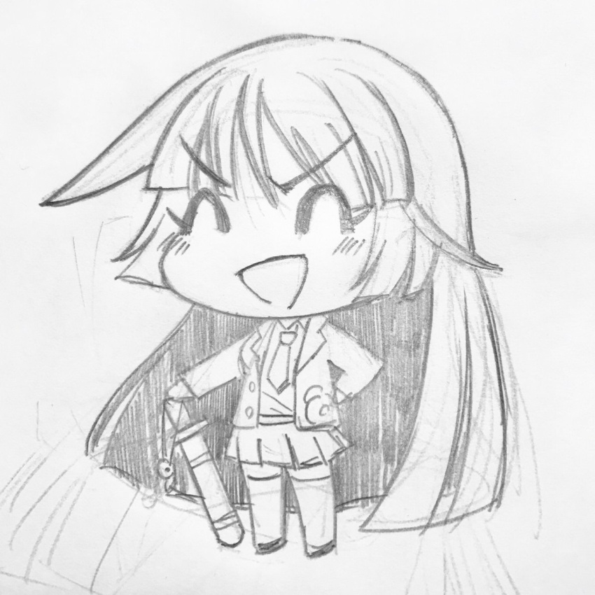 1girl :d ^_^ blunt_bangs chibi closed_eyes full_body graphite_(medium) hand_on_weapon highres long_hair necktie open_mouth photo_(medium) protagonist_2_(housamo) school_uniform sidelocks skirt smile solo sword thighhighs tokyo_afterschool_summoners traditional_media uden_(udeden_odon) v-shaped_eyebrows weapon