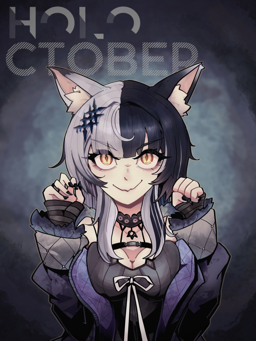 1girl absurdres animal_ears arm_warmers black_choker black_coat black_dress black_hair black_nails breasts cat_ears choker cleavage coat commentary dress english_commentary english_text fingerless_gloves gloves grey_hair hair_ornament highres hololive hololive_english lace lace-trimmed_choker lace_choker lace_trim large_breasts long_hair long_sleeves looking_up multicolored_hair paw_pose ribbon rocky_birdy shiori_novella smile split-color_hair striped_arm_warmers two-tone_hair virtual_youtuber white_ribbon yellow_eyes