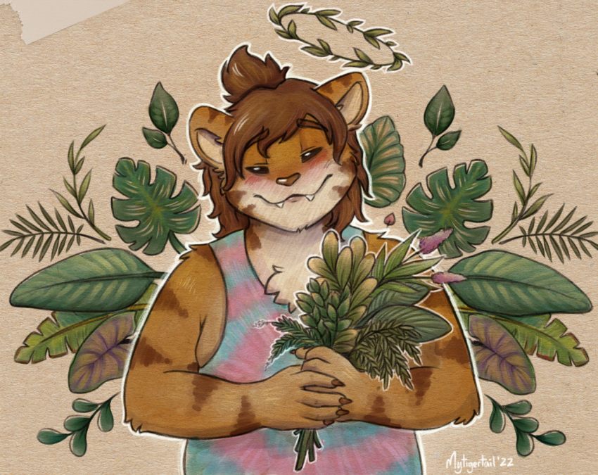 anthro body_hair bouquet brown_hair cheek_stripes chubby_male claws clothed clothing curled_hair eyes_closed fangssolo_focus felid feline flower flower_bouquet fur gabe_(mytigertail) hair leaf long_hair male mammal mytigertail overweight pantherine paws pictographics plant ponytail_(hair) shirt simple_background slightly_chubby slightly_chubby_anthro slightly_chubby_male smile solo tank_top text tiger topwear traditional_media_(artwork)
