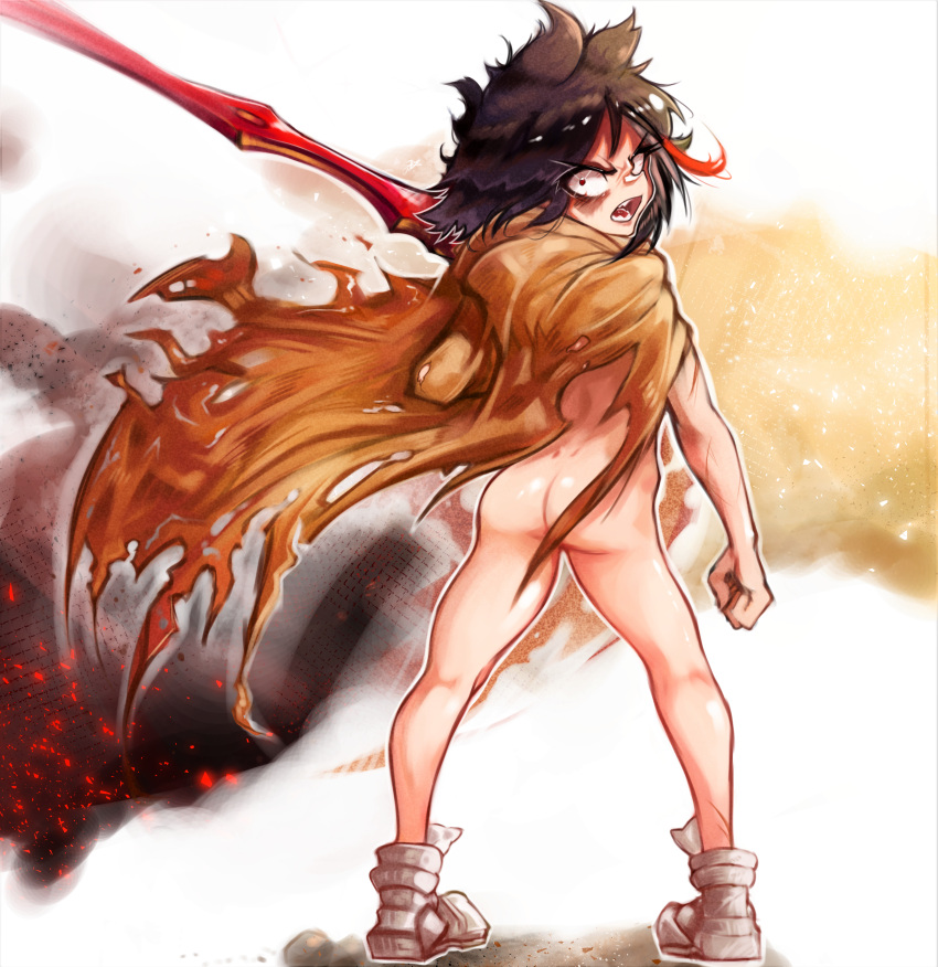 1girl absurdres angry ass black_hair blush clenched_hand cloak from_behind highres holding holding_weapon kill_la_kill long_hair looking_at_viewer looking_back matoi_ryuuko multicolored_background multicolored_hair official_alternate_costume onimiere orange_cloak red_hair scissor_blade_(kill_la_kill) shoes solo standing streaked_hair torn_cloak torn_clothes weapon white_background