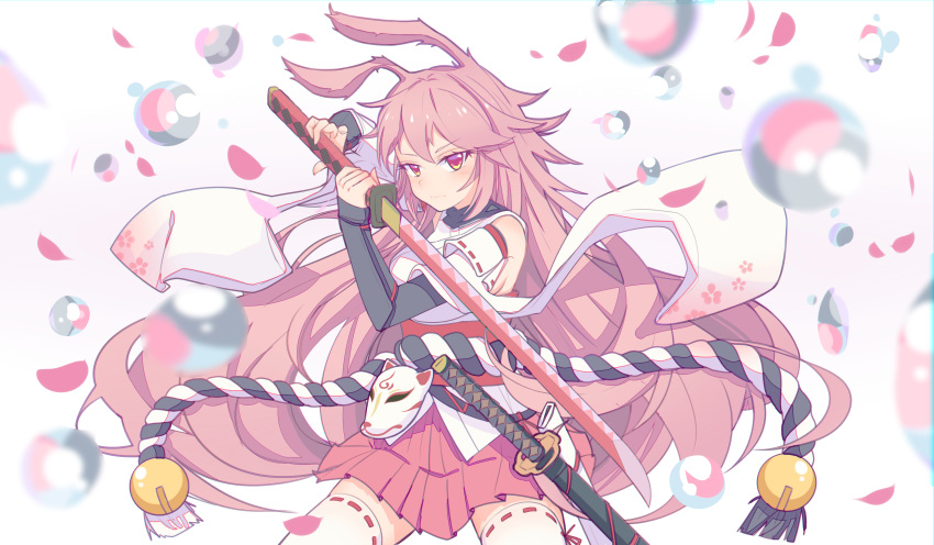 1girl absurdres animal_ears bad_id bad_pixiv_id bare_shoulders closed_mouth fox_ears fox_mask highres holding holding_sword holding_weapon honkai_(series) honkai_impact_3rd japanese_clothes katana kimono long_hair looking_at_viewer mask petals pink_eyes pink_hair pink_skirt ribbon-trimmed_legwear ribbon_trim short_kimono simple_background skirt solo sword thighhighs weapon white_background white_kimono white_thighhighs yae_sakura yae_sakura_(gyakushinn_miko) yao_(pixiv9482697)