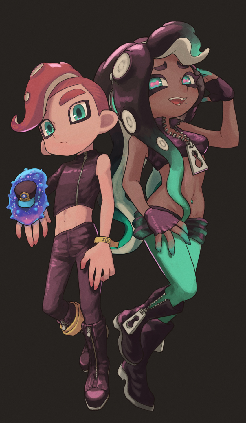 1boy 1girl agent_8_(splatoon) asymmetrical_sleeves black_hair breasts c.q._cumber_(splatoon) cephalopod_eyes crop_top dark-skinned_female dark_skin fingerless_gloves gloves gradient_skin green_eyes green_hair headphones highres kotarou_(kotakota_ee) long_hair looking_at_viewer marina_(splatoon) midriff mohawk mole mole_under_mouth navel_piercing octarian octoling octoling_boy open_mouth piercing sea_cucumber single_sleeve smile splatoon_(series) splatoon_2 splatoon_2:_octo_expansion squidbeak_splatoon suction_cups tentacle_hair uneven_sleeves zipper