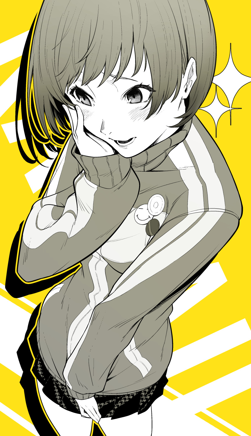 1girl absurdres badge blush breasts button_badge commentary eyelashes feet_out_of_frame greyscale_with_colored_background hand_on_own_face highres jacket long_sleeves lower_teeth_only medium_breasts nishizora_aki open_mouth persona persona_4 pleated_skirt satonaka_chie school_uniform shadow short_hair skirt sleeves_past_wrists solo swept_bangs teeth thighs track_jacket yasogami_school_uniform yellow_background