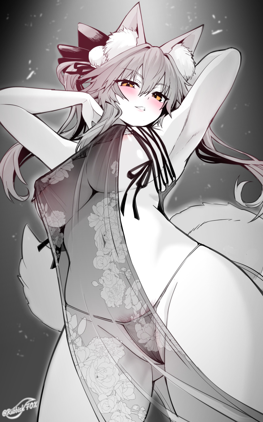 1girl absurdres animal_ear_fluff animal_ears areola_slip armpits arms_behind_head arms_up bare_shoulders blush breasts covered_nipples fate/extra fate_(series) fox_ears fox_girl fox_tail greyscale highres large_breasts long_hair looking_at_viewer monochrome parted_lips sideboob smile solo spot_color tail tamamo_(fate) tamamo_no_mae_(fate/extra) thighs wisespeak yellow_eyes