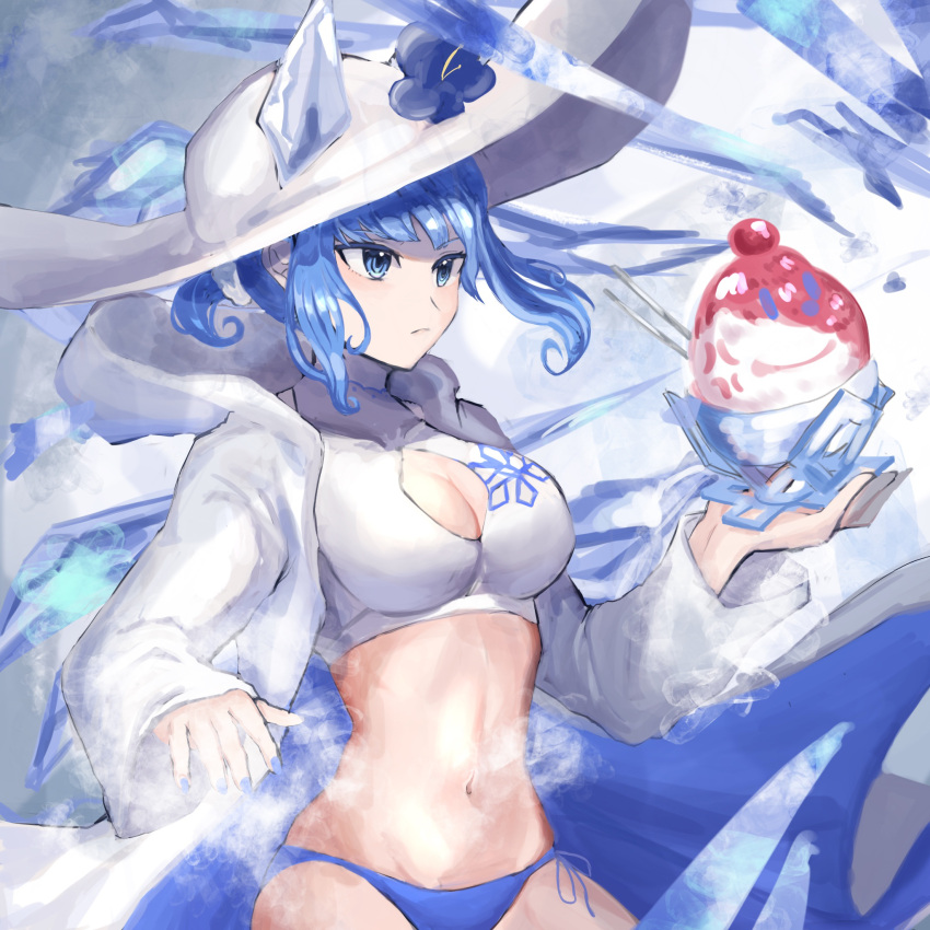 1girl animal_ears bikini blue_bikini blue_eyes blue_hair blue_nails bowl cherry closed_mouth expressionless fire_emblem fire_emblem_heroes flower food fruit hair_flower hair_ornament highres holding holding_bowl jacket leon0630claude long_hair long_sleeves nifl_(fire_emblem) nifl_(summer)_(fire_emblem) shaved_ice snow solo swimsuit upper_body white_headwear white_jacket