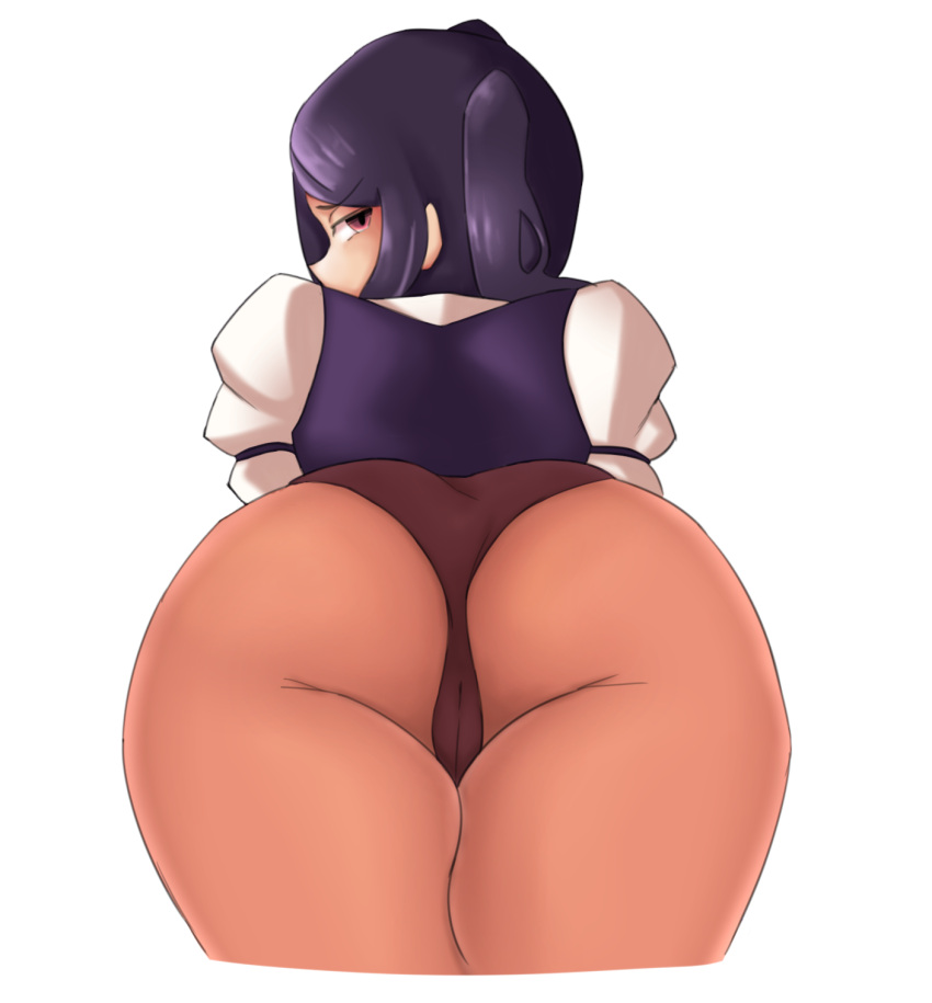 1girl ass ass_focus bartender black_hair brown_pantyhose cameltoe commentary cropped_legs english_commentary from_behind half-closed_eye highres jill_stingray leaning_forward long_hair long_sleeves looking_back no_pants panties panties_under_pantyhose pantyhose puffy_long_sleeves puffy_sleeves red_eyes ruw_ruler shirt sidelocks simple_background solo swept_bangs twintails underwear va-11_hall-a white_background white_shirt