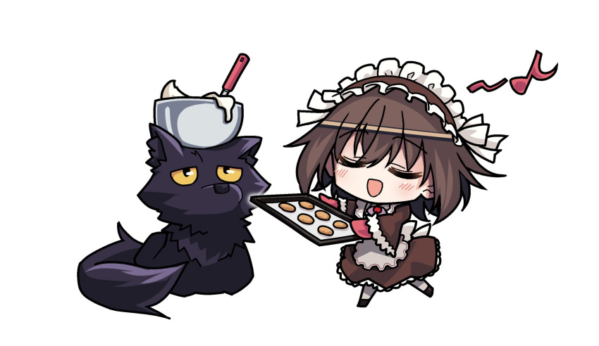 1girl animal apron black_fur blackas_shadow_prince blush braid brown_hair chibi highres holding holding_tray keigen_hichou maid maid_apron maid_headdress open_mouth ribbon seiken_gakuin_no_maken_tsukai shirley_(seiken_gakuin_no_maken_tsukai) short_hair thighhighs tray white_apron wide_sleeves wolf yellow_eyes