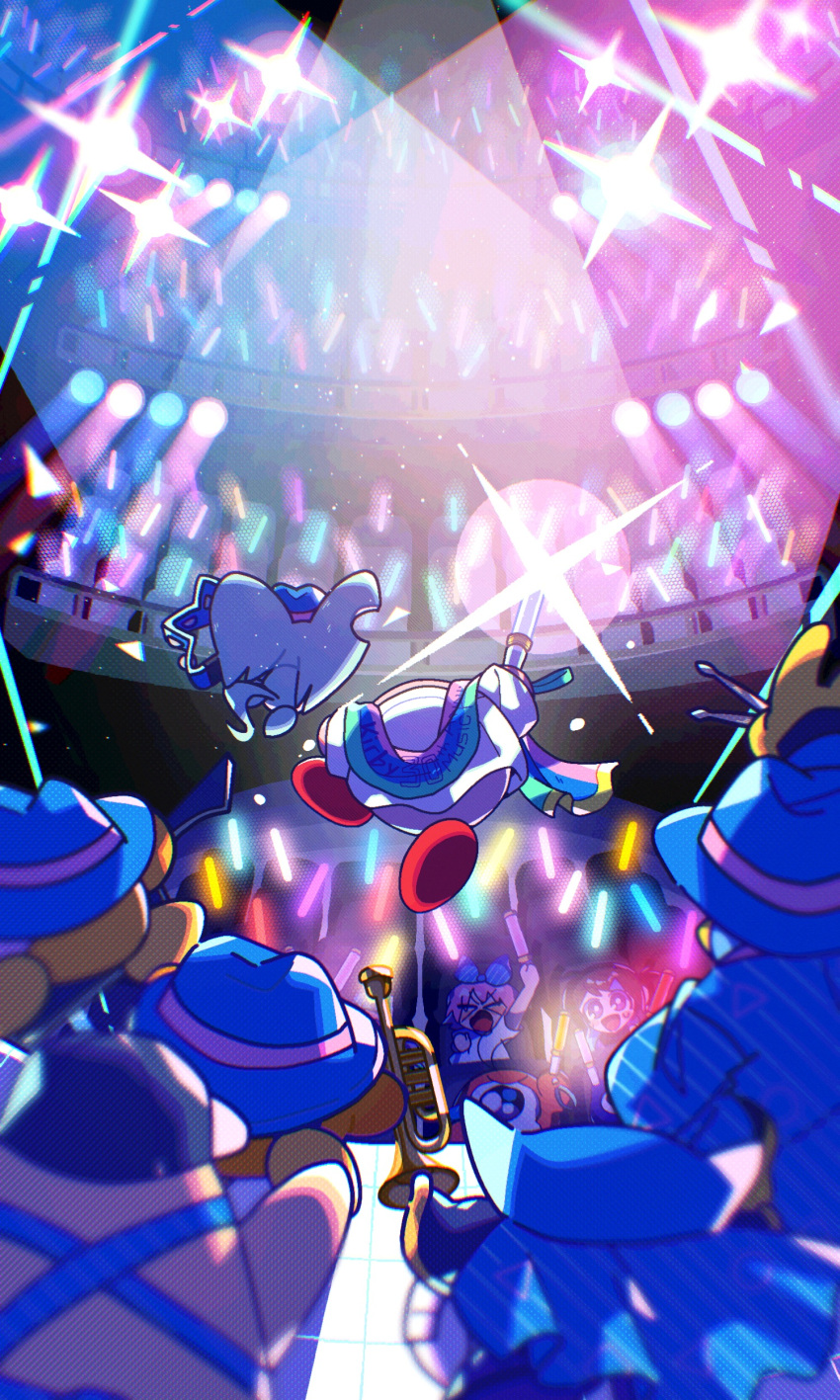 0tamt0 2girls absurdres adeleine armor audience baseball_cap blue_headwear cape chef_kawasaki elfilin gooey_(kirby) hat highres holding_glowstick instrument king_dedede kirby kirby_(series) kirby_30th_anniversary_music_festival meta_knight multiple_girls notched_ear one-eyed pauldrons ribbon_(kirby) shoulder_armor sparkle stage_lights towel trumpet waddle_dee waddle_doo