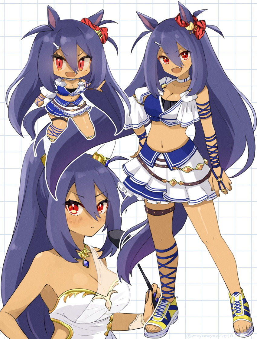 1girl animal_ears asymmetrical_sleeves bandeau black_hair blue_bandeau blue_skirt blush breasts chibi cleavage closed_mouth colored_skin commentary_request dark ear_covers ear_scrunchie fang full_body grid hair_between_eyes hair_ornament hairclip highres hishi_amazon_(hungry_veil)_(umamusume) hishi_amazon_(umamusume) horse_ears horse_girl horse_tail large_breasts multicolored_skin multiple_views nontraditional_wedding_dress official_art pleated_skirt ponytail red_eyes sandals sangria_(sangria69) simple_background single_bare_shoulder skirt smile tail thigh_strap two-tone_bandeau two-tone_skin umamusume v-shaped_eyebrows white_background white_bandeau white_skirt